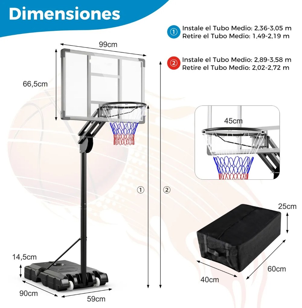 Cesto de basquetebol ajustável 1,49-3,05 m Sistema de cesto portátil para todas as condições climatéricas com tabela 2 rodas Base recarregável