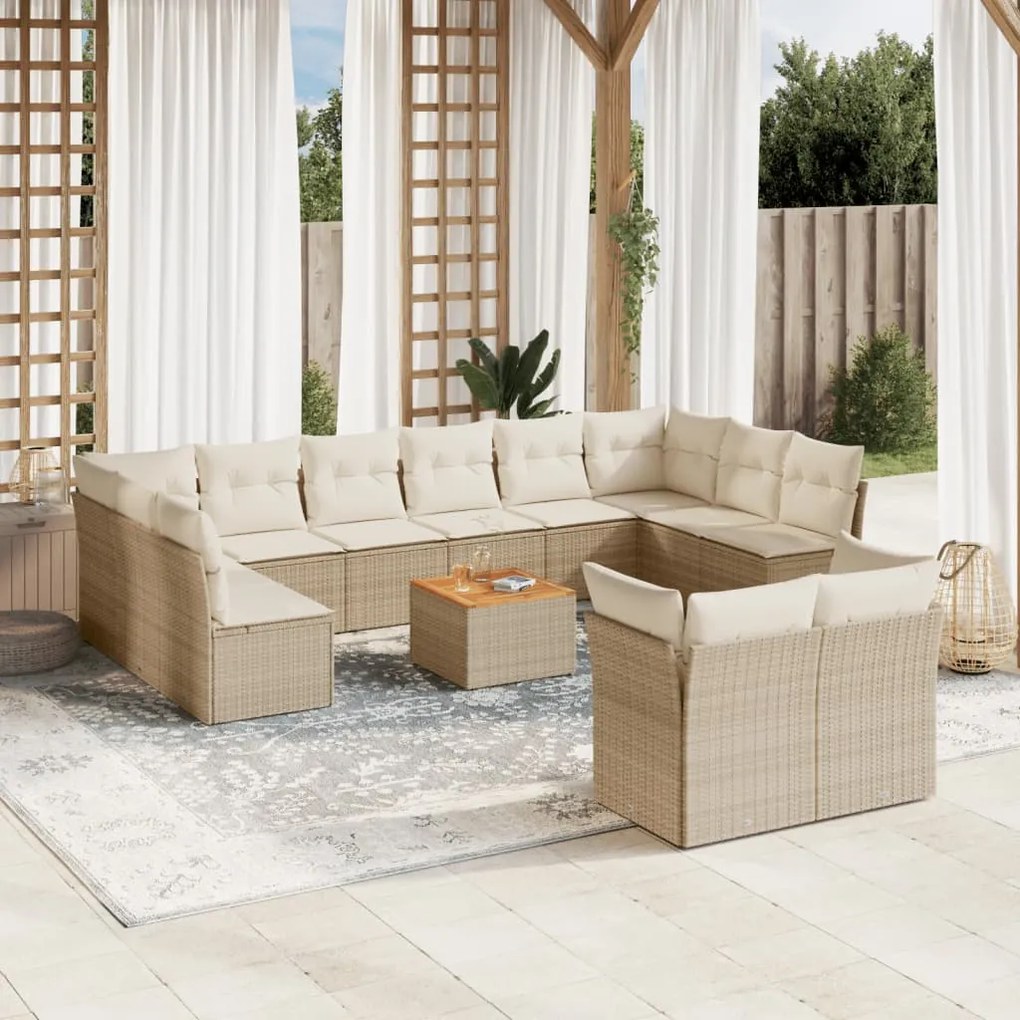 13 pcs conjunto de sofás p/ jardim com almofadões vime PE bege