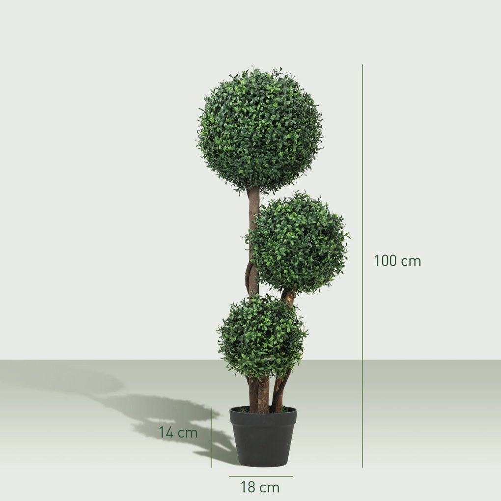 Árvore Artificial de Buxo com 3 Bolas, 18 x 18 x 100 cm, Folhas Anti-UV, Verde
