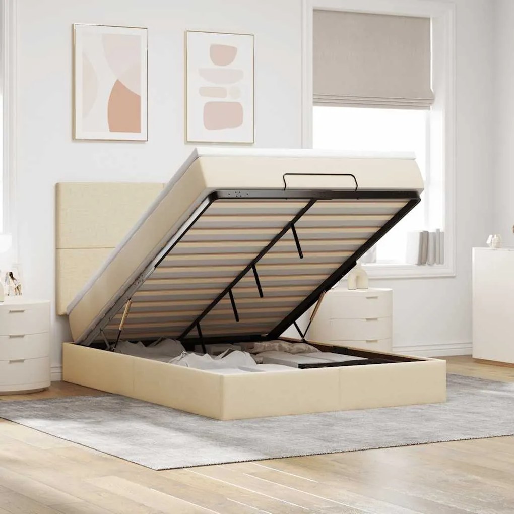 vidaXL Estrutura de cama otomana com colchão tecido creme 140x200cm