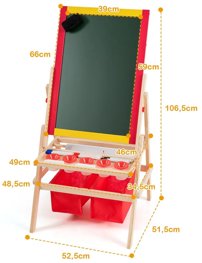Quadro infantil 3 em 1 Dupla Face para Crianças com Rolo de Papel Magnético 2 Gizes e Outros Acessórios de Desenho 79 x 52,5 x 106,5 cm