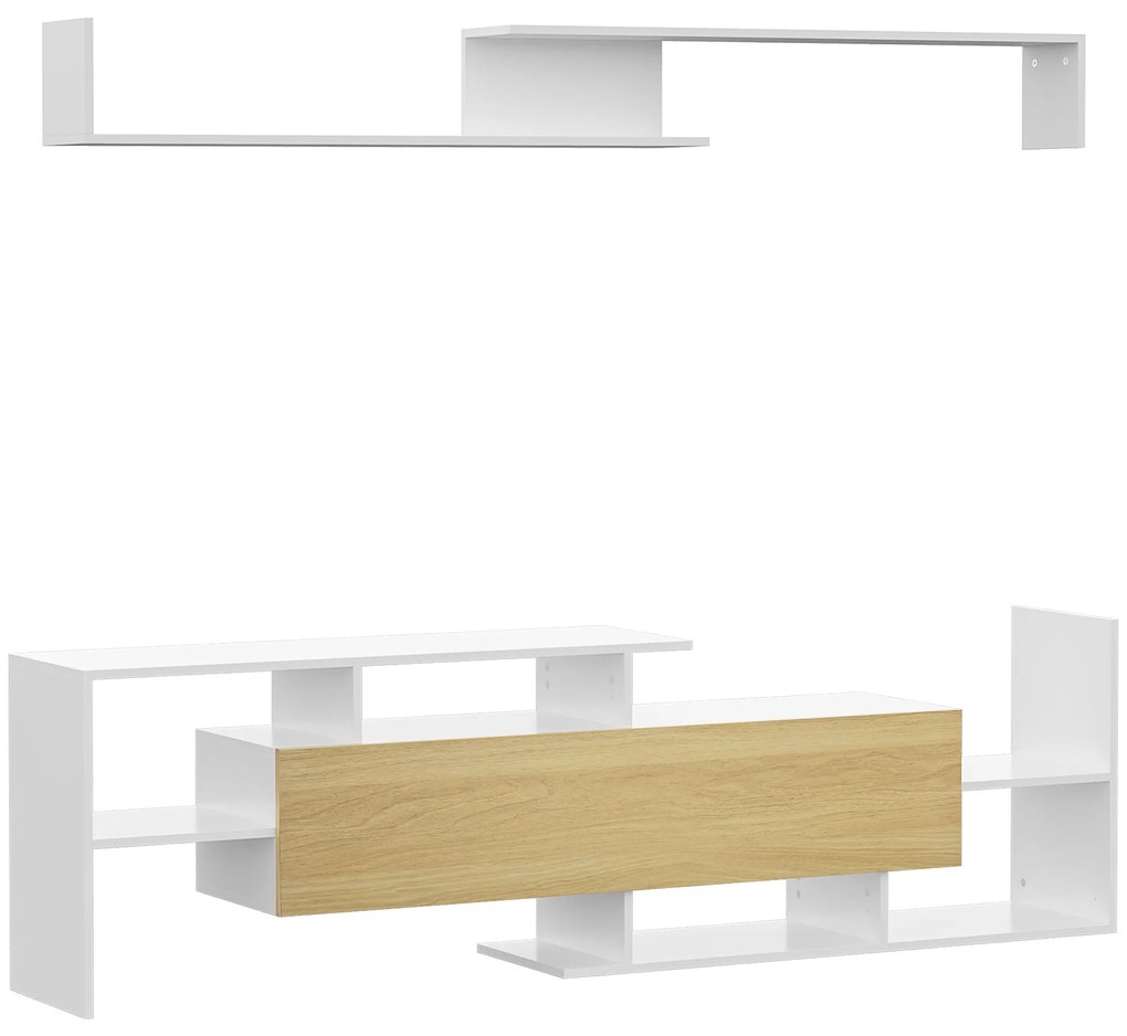HOMCOM Móvel de TV Moderno Móvel para Televisores 153,6x25x42cm e Prateleira de Parede 150x14,5x16,3cm Branco e Madeira | Aosom Portugal