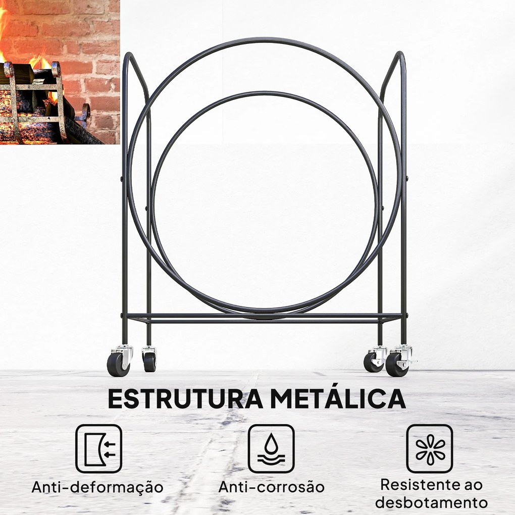 Suporte Metálico para Lenha com Rodas para Interior e Exterior 51x30x60 cm Preto