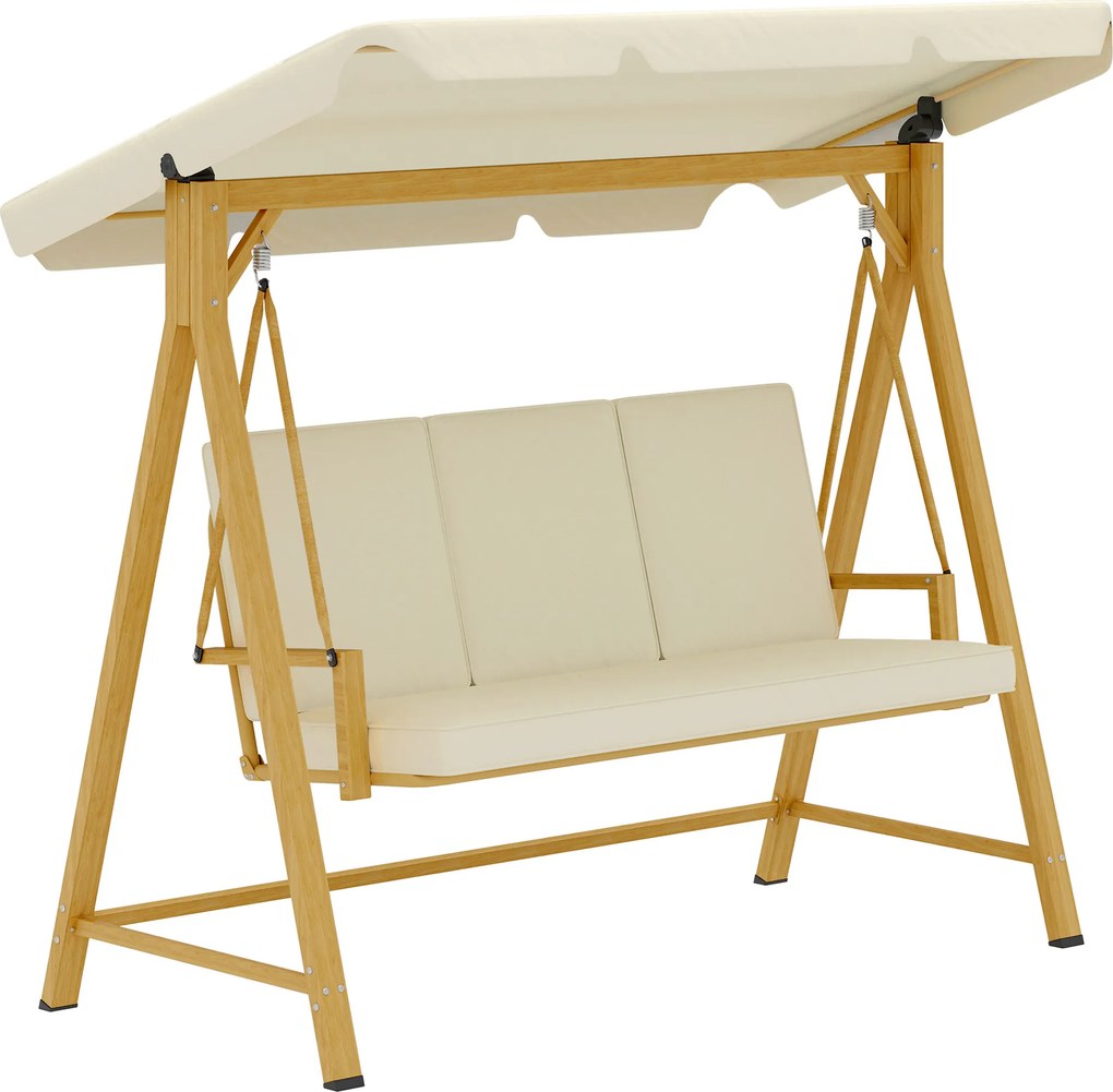 Baloiço de Jardim de 3 Lugares com Toldo Ajustável Almofadas e Estrutura com Veios de Madeira 195x120x170 cm Madeira e Creme
