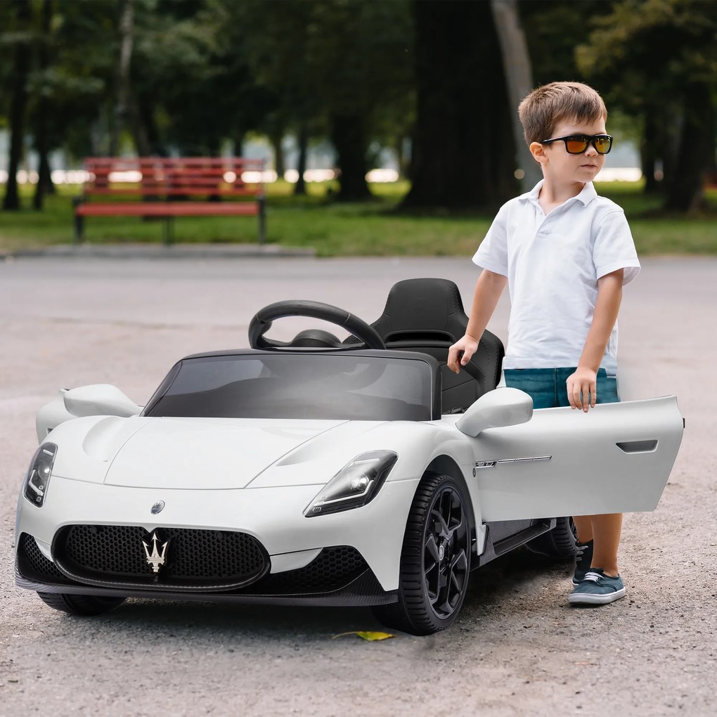 Carro Elétrico para Crianças com Licença Maserati MC20 com Bateria 12V Controlo Remoto Farois Buzina e Música 105x65,5x42 cm Branco