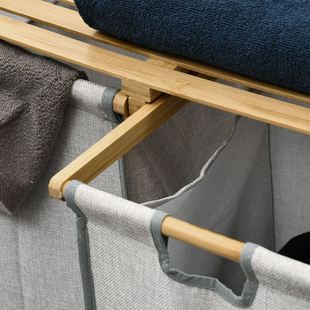 Cesto de Roupa de Bambu Cesto de Roupa Suja com 2 Bolsas Amovíveis e 2