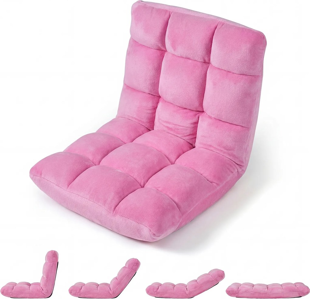Cadeira de Chão Dobrável, 104 x 53 x 15 cm, Encosto Ajustável em 14 Posições, Rosa