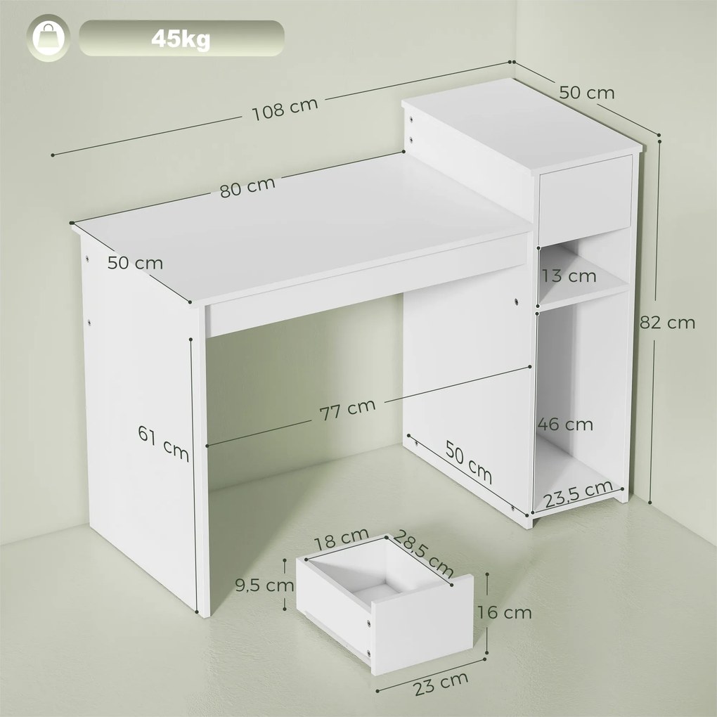 Secretária para computador com gaveta e prateleira, secretária com suporte para a unidade central, 108 x 50 x 82 cm, branco