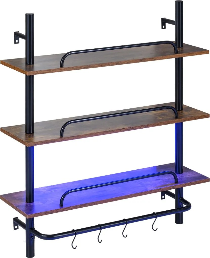 Prateleiras suspensos de parede com luzes 80,5 x 24 x 97 cm, controlo remoto via app, em tubos industriais, 3 níveis, com 4 ganchos em forma de S, Cas