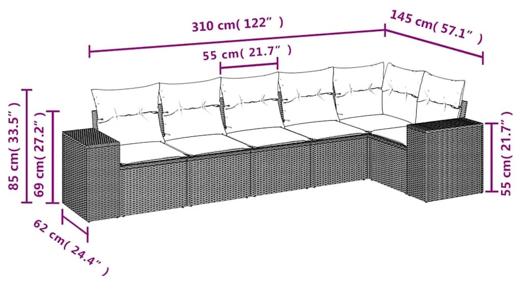 6 pcs conjunto de sofás jardim c/ almofadões vime PE castanho