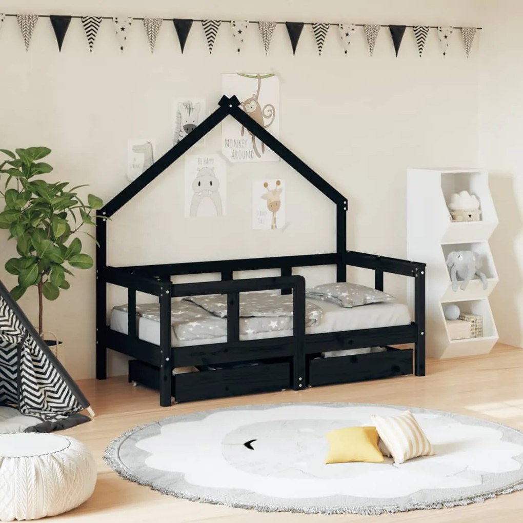 vidaXL Estrutura cama infantil c/ gavetas 70x140 cm pinho maciço preto