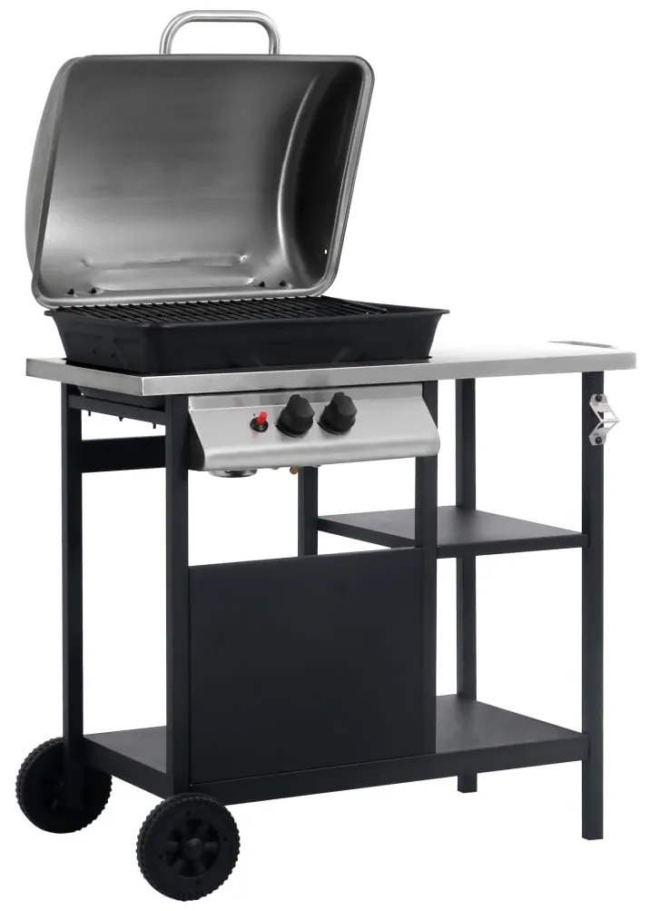 Grelhador/BBQ gás mesa de apoio 3 prateleiras preto e prateado