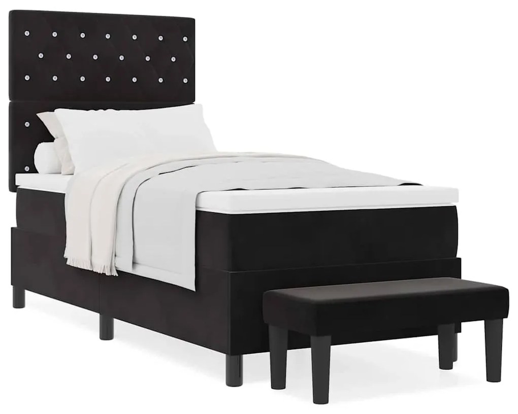 Cama Box Spring com Colchão &amp; Banco Preto 90x190 cm Veludo
