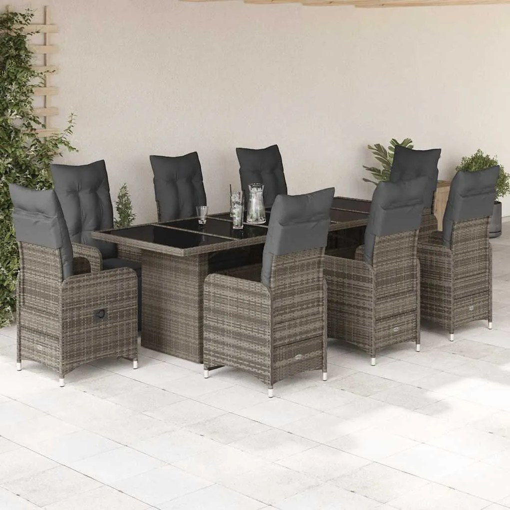 vidaXL 9 pcs conjunto bistrô de jardim c/ almofadões vime PE cinzento