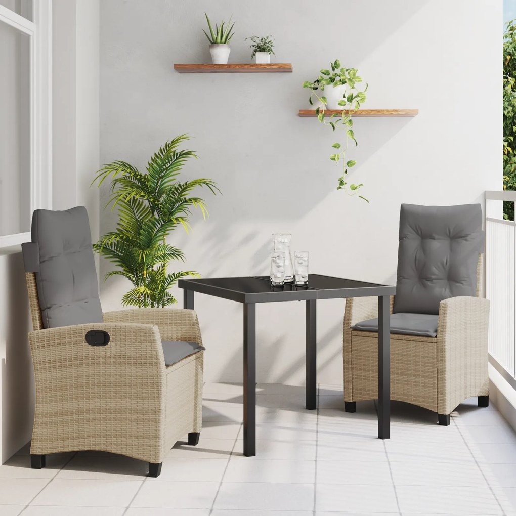 vidaXL Conjunto de Jantar de Jardim de 3 Peças da com Almofadas Beiges - Vime Polirattan