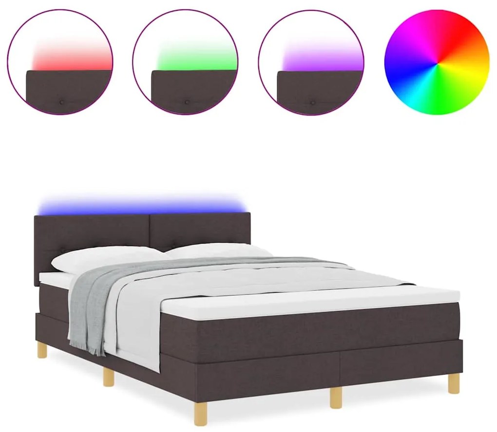 Cama Box Spring com Colchão e LED Castanho Escuro 140x200 cm Tecido