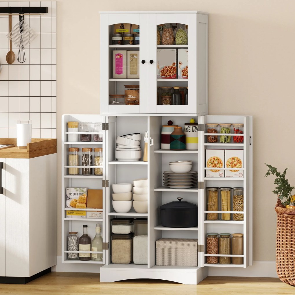 Armário de cozinha  60 x 40 x 162 cm com vitrina em acrílico, 4 portas, 10 compartimentos, 8 suportes para prateleiras, branco