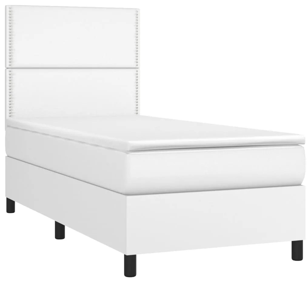 Cama box spring c/ colchão/LED 90x200cm couro artificial branco