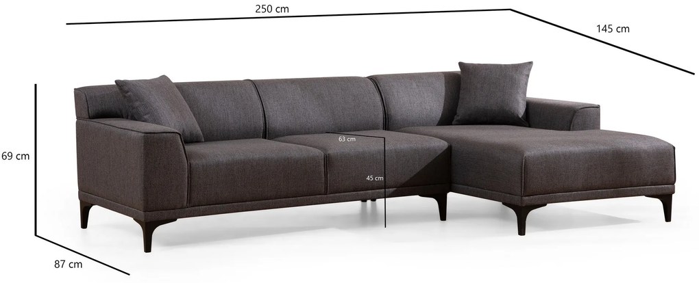 Sofá de Canto Petra – Antracite – 145 x 250 cm