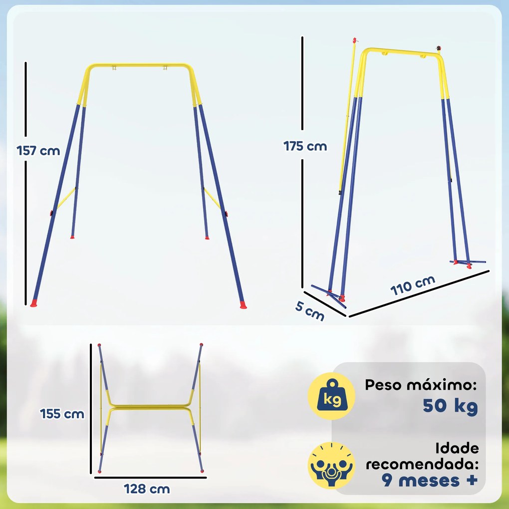 Estrutura de Baloiço Infantil Dobrável Estrutura Metálica para 1 Baloiço (NÃO INCLUIDO) com 2 Ganchos 4 Estacas 128x155x157 cm Azul