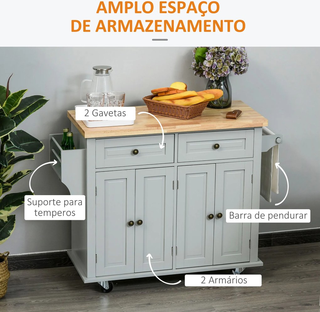 Carrinho Ilha de Cozinha com Rodas 2 Gavetas 4 Portas Suporte para Temperos e Barra Lateral 111x44,5x82,5 cm Cinzento e Madeira