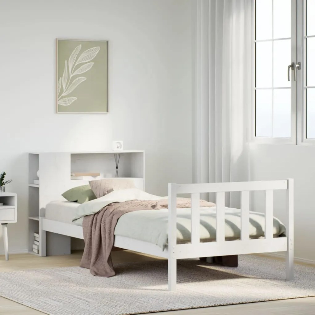 Cama com estante sem colchão 100x200 cm pinho maciço branco
