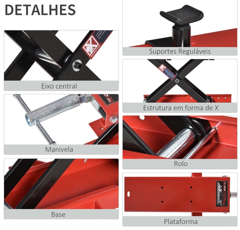 Plataforma Elevadora para Motocicletas com Altura Ajustável de 19-53cm Carga Máxima 500kg para Estacionar ou Reparar Oficina Garagem Preto e Vermelho