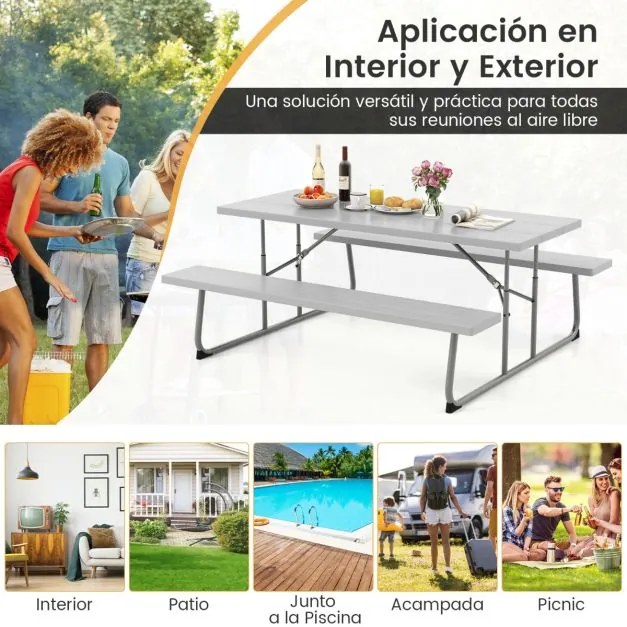 Mesa de piquenique dobrável 183 cm para 8 pessoas com 2 bancos Estrutura metálica Guarda-sol Orifício Mesa de jardim PEAD Cinzento