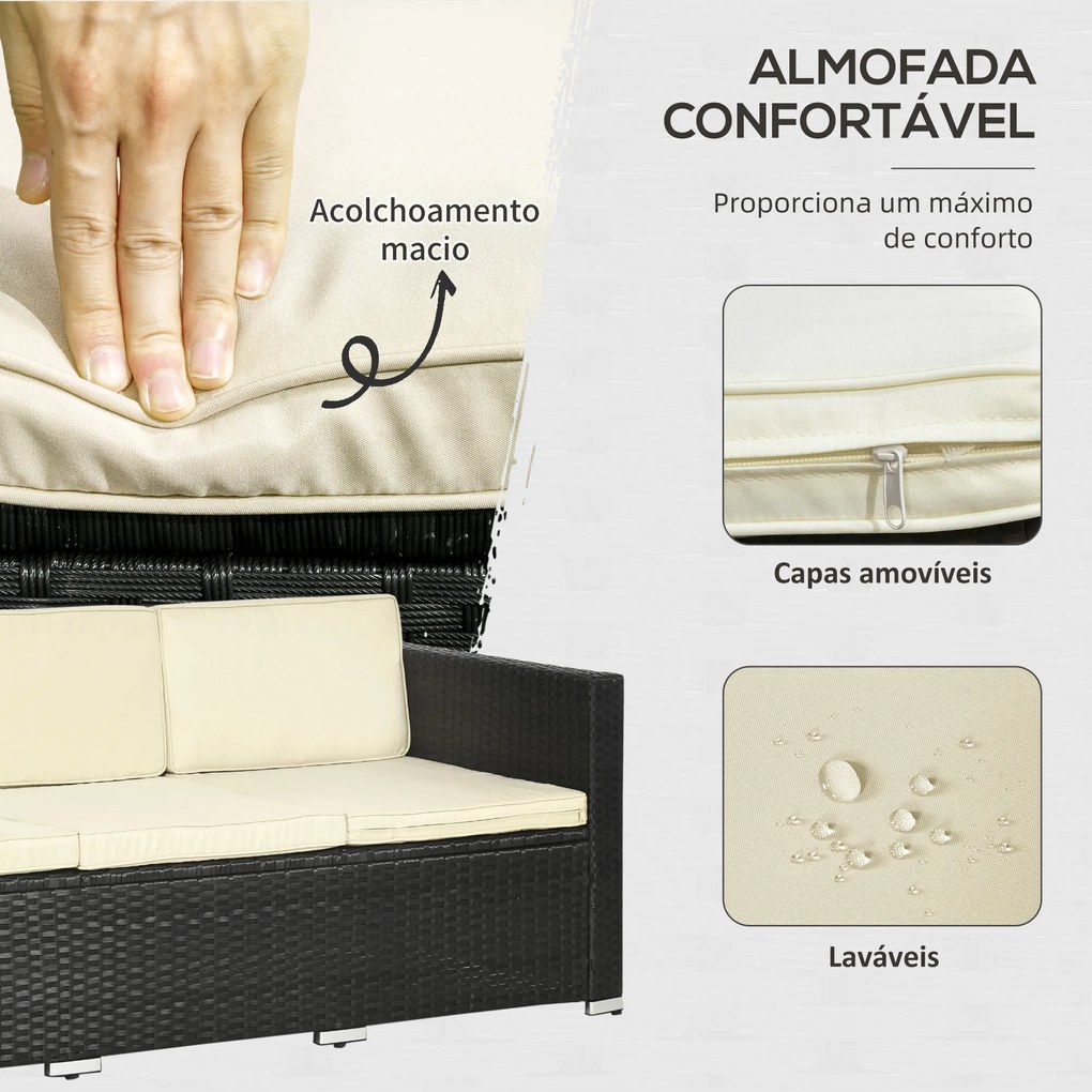 Outsunny Conjunto de Móveis de Vime de Jardim 3 Peças Conjunto de Móveis de Vime Exterior Sofá de 3 Lugares com Almofadas Acolchoadas Mesa de Centro com Bancada de Vidro Temperado e Banco Preto e Bege