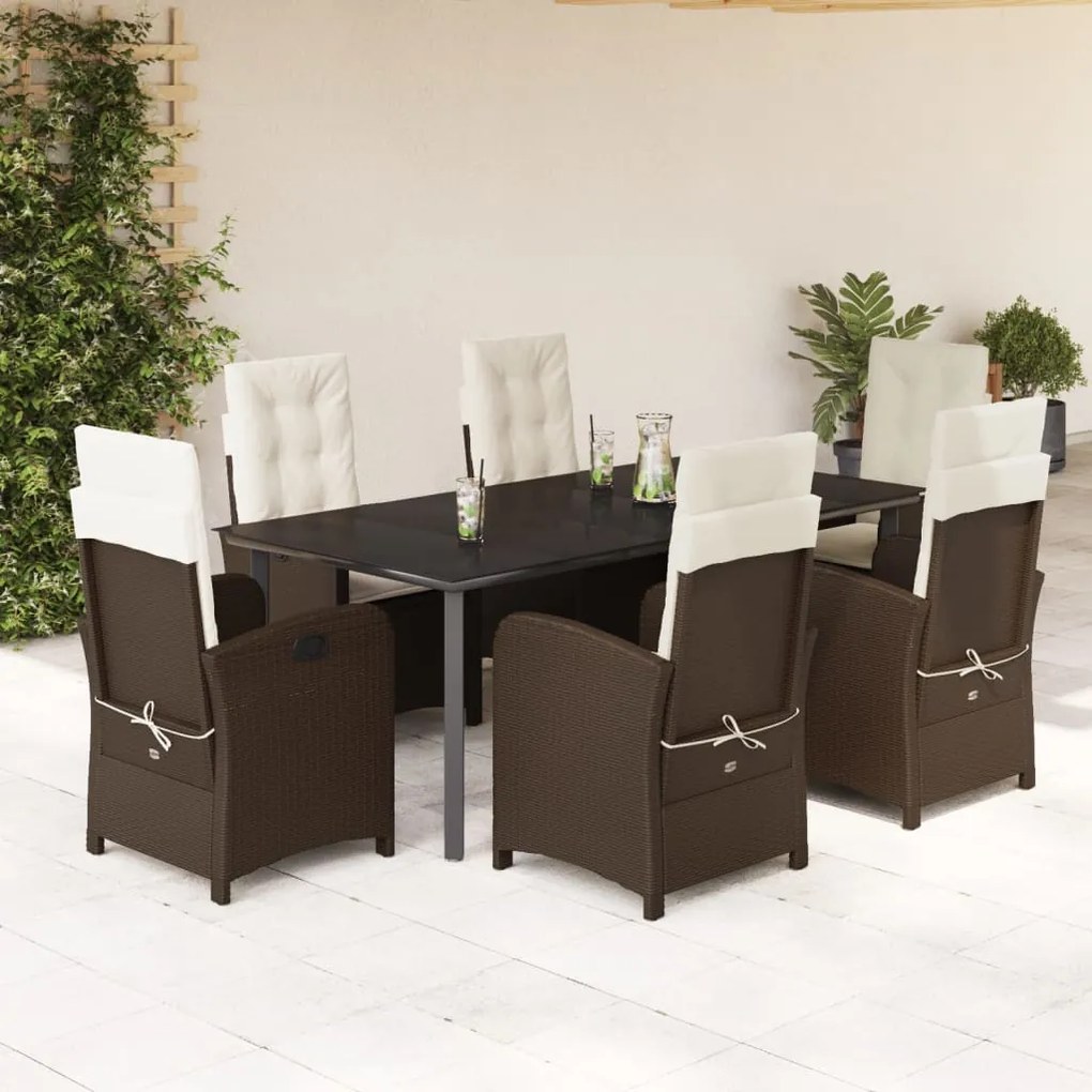 7 pcs conjunto jantar p/ jardim c/ almofadões vime PE castanho
