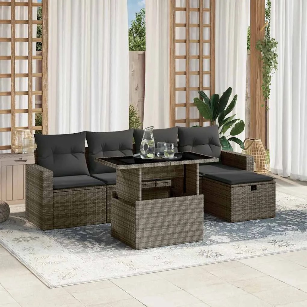6 pcs conjunto sofás de jardim com almofadões vime cinzento