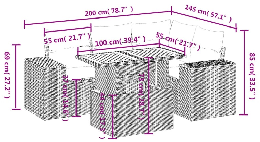 5 pcs conjunto de sofás p/ jardim com almofadões vime PE bege