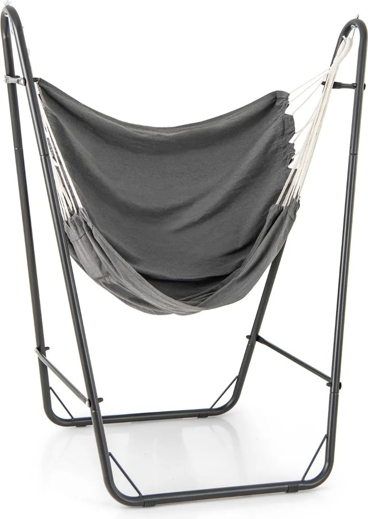 Cadeira de baloiço suspensa com suporte metálico, bolso lateral, capacidade de carga de 120 kg, para interior e exterior, sala, quarto, pátio, cinzent