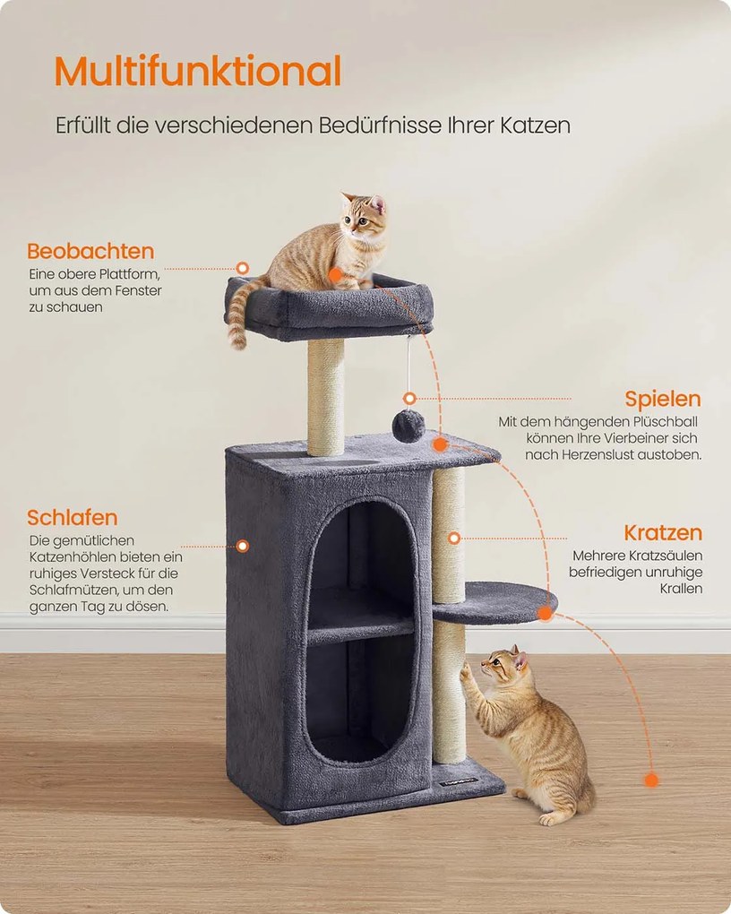 Árvore para gatos pequena com 2 cavernas e 1 plataforma cinzento escuro