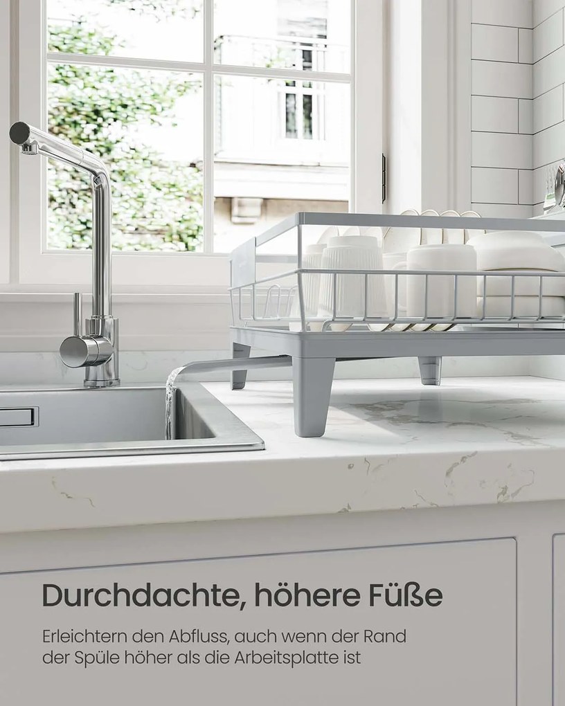 Escorredor de louça 31 x 42 x 18,5 cm com tabuleiro de recolha e suporte para talheres, cinzento