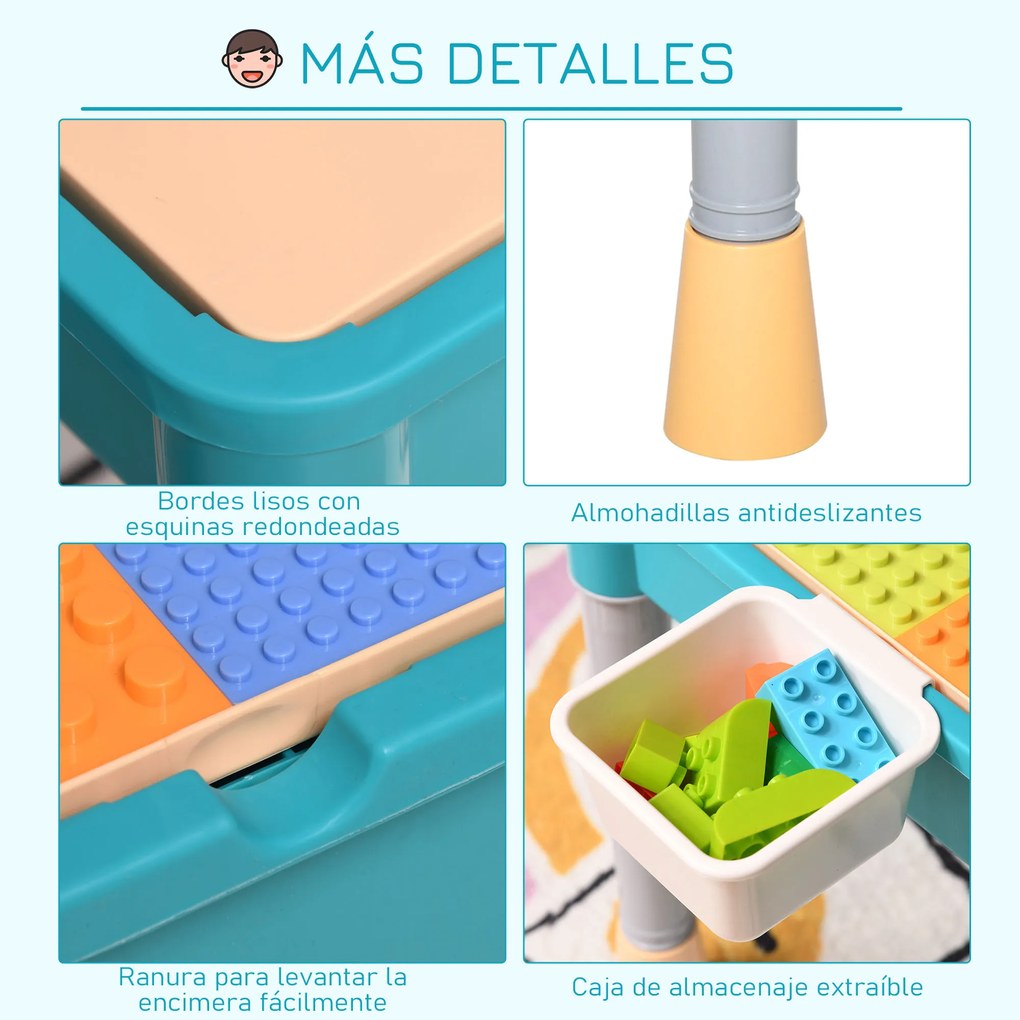 HOMCOM Conjunto de mesa e 2 cadeiras para crianças com 135 blocos de construção Mesa em ambos os lados Útil para desenhar e jantar com grande armazenamento 69x69x47 cm Multicolor