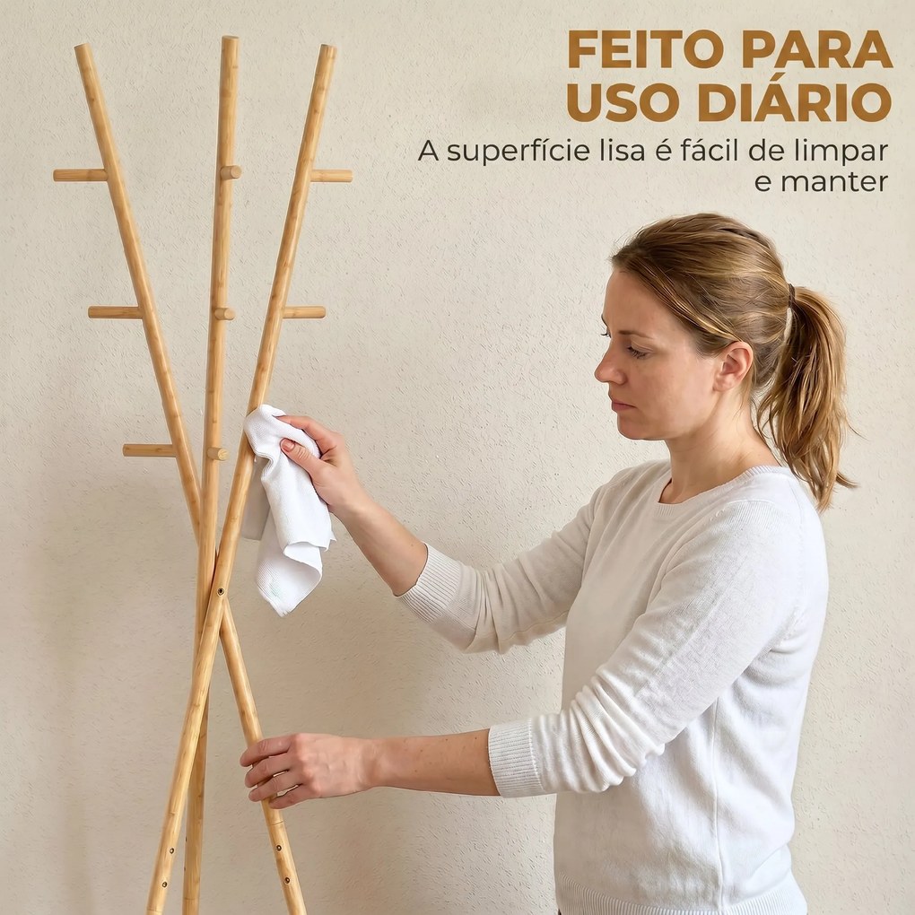 Cabide de Pé em Bambu Cabide para Roupas com 2 Prateleiras e 9 Ganchos Design Elegante 58,5x58,5x176 cm Madeira