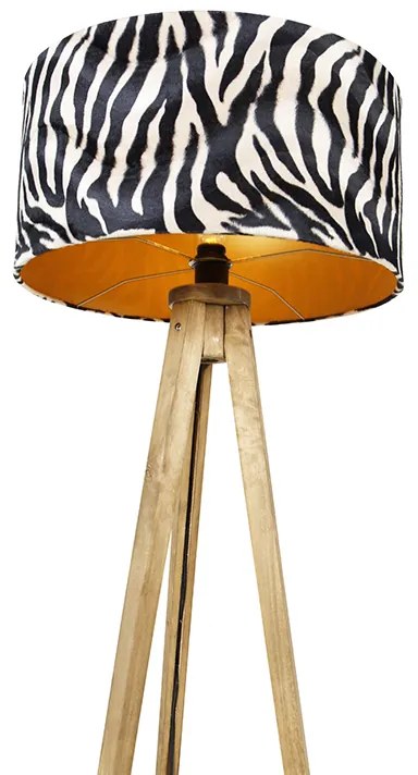 Candeeiro de pé vintage com abajur em madeira estampado com zebra 50 cm - Tripod Classic Rústico