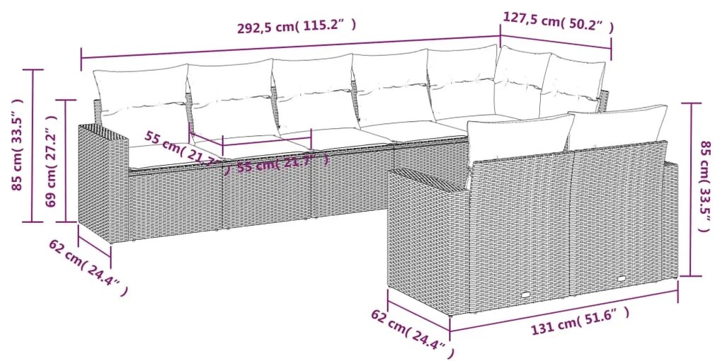 8 pcs conjunto sofás de jardim c/ almofadões vime PE cinzento