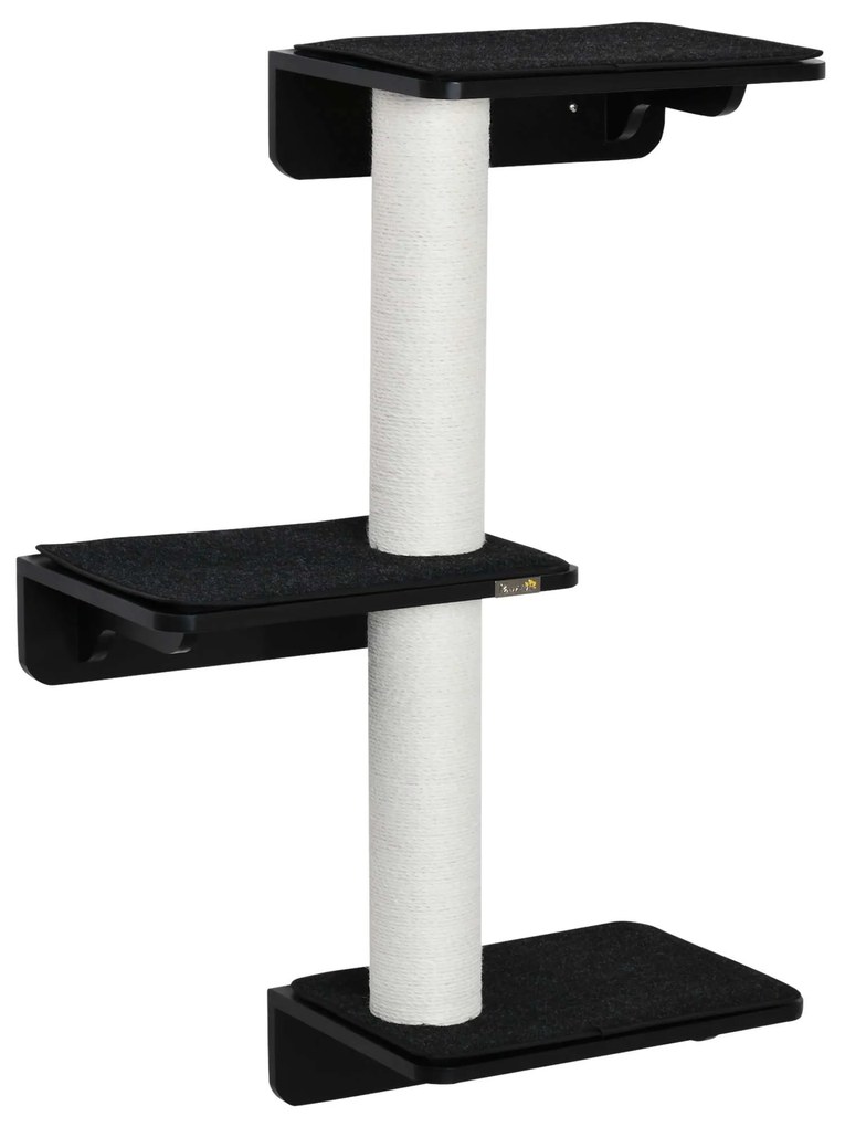 PawHut Árvore para Gatos de Parede com 3 Plataformas Almofada Removível e 2 Postes de Arranhar de Juta 63x28x93,5cm Preto e Bege