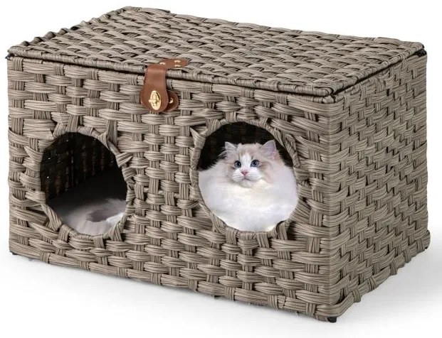 Casa para gatos com estrutura de vime respirável e pernas de madeira de borracha - bege