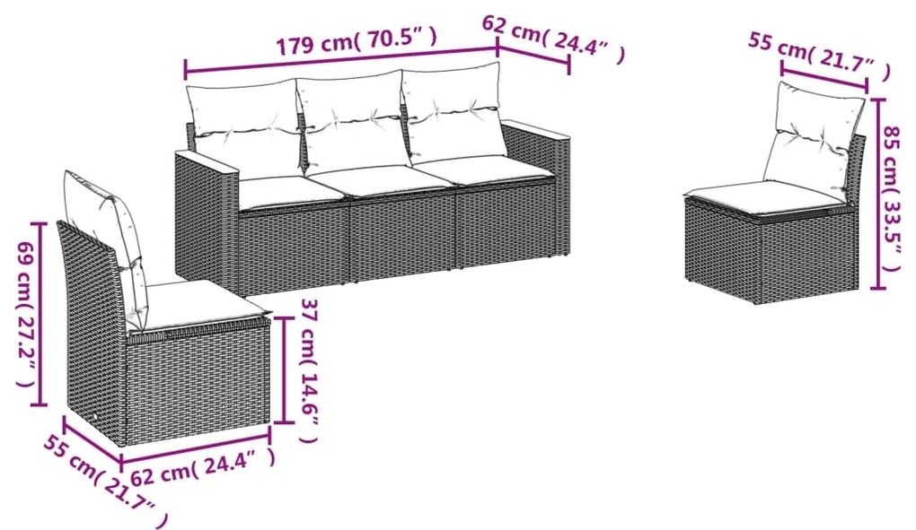 5 pcs conjunto de sofás p/ jardim com almofadões vime PE bege
