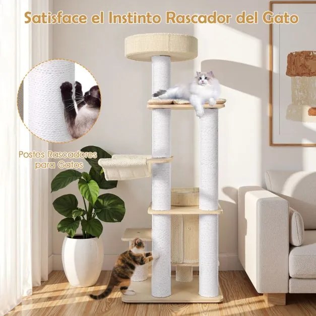Arranhador para gatos de 151 cm com vários níveis, com poleiro acolchoado, caverna de 2 níveis, poste para arranhar e rede natural + branco