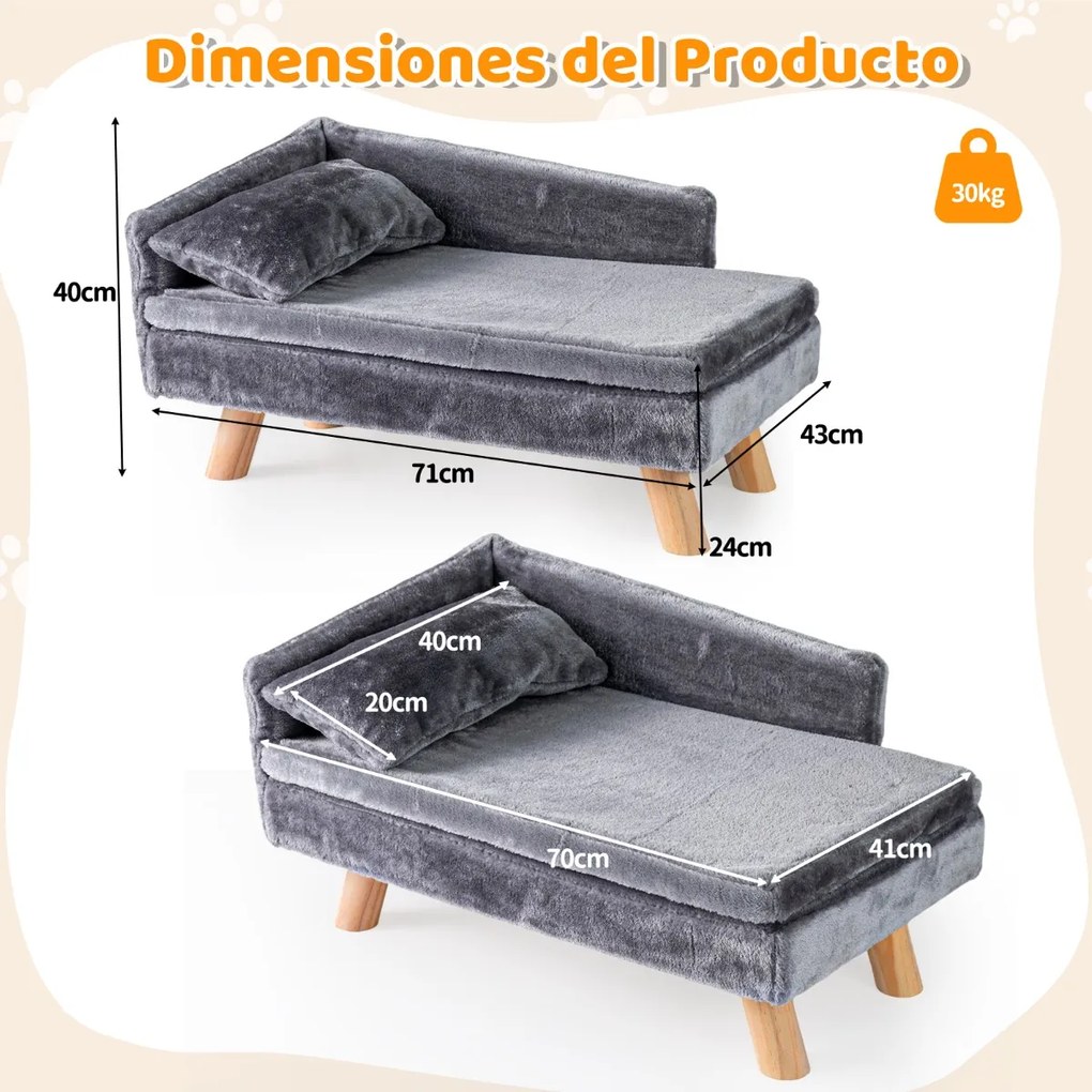 Cama elevada para animais de estimação 71 x 43 x 40 cm com almofada e travesseiro removíveis, pernas de madeira e encosto alto cinza escuro