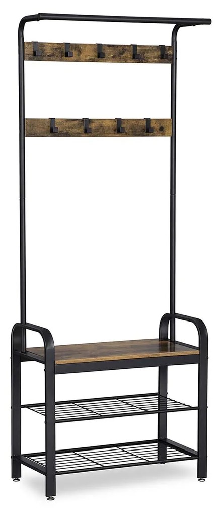 Cabideiro com banco de sapatos 4 em 1 para hall | VASAGLE | 33,7 x 77 x 183 cm | castanho rústico e preto | HSR40B.
