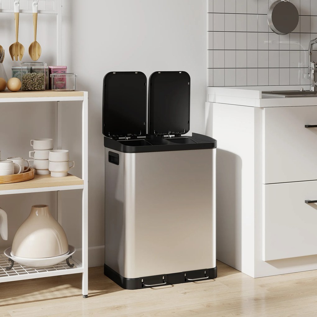Caixote do lixo de cozinha 48,8 L x 39,5 l x 67 A cm com dois compartimentos de 2 x 30 L, com pedal em aço inoxidável e tampa com fecho suave, pratead