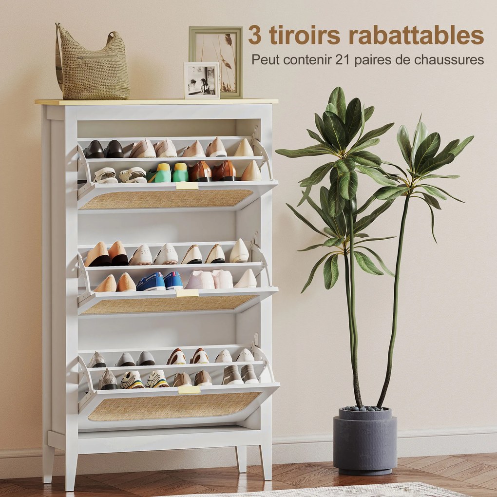Sapateira com capacidade para 21 pares 80 x 24 x 131 cm, estilo boémio, com 3 gavetas rebatíveis, portas com efeito de vime, branco