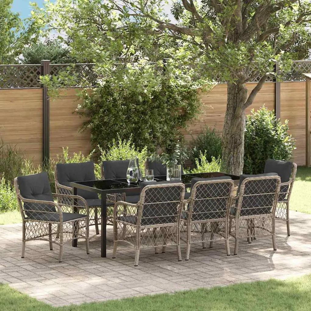 vidaXL Conjunto de Jantar de Jardim com 9 Peças e Almofadas Cinza Claro, em Rattan de Poliéster.