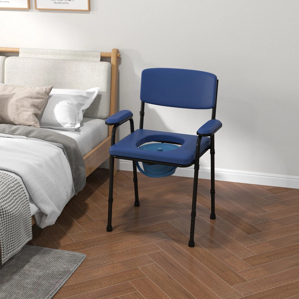 Cadeira sanitária multifunções com balde removível, altura ajustável, encosto, assento e braços almofadados, azul