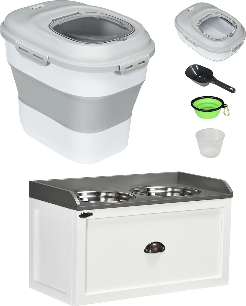 PawHut Conjunto de 1 Comedouro Elevado para Cães Grandes com 2 Tigelas de Aço Inoxidável e 1 Recipiente de Comida Branco | Aosom Portugal